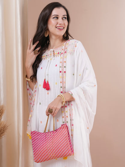 Solid Ethnic Embroidered Straight Fit Kurta with Pant and Dupatta - White