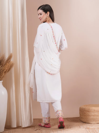 Solid Ethnic Embroidered Straight Fit Kurta with Pant and Dupatta - White