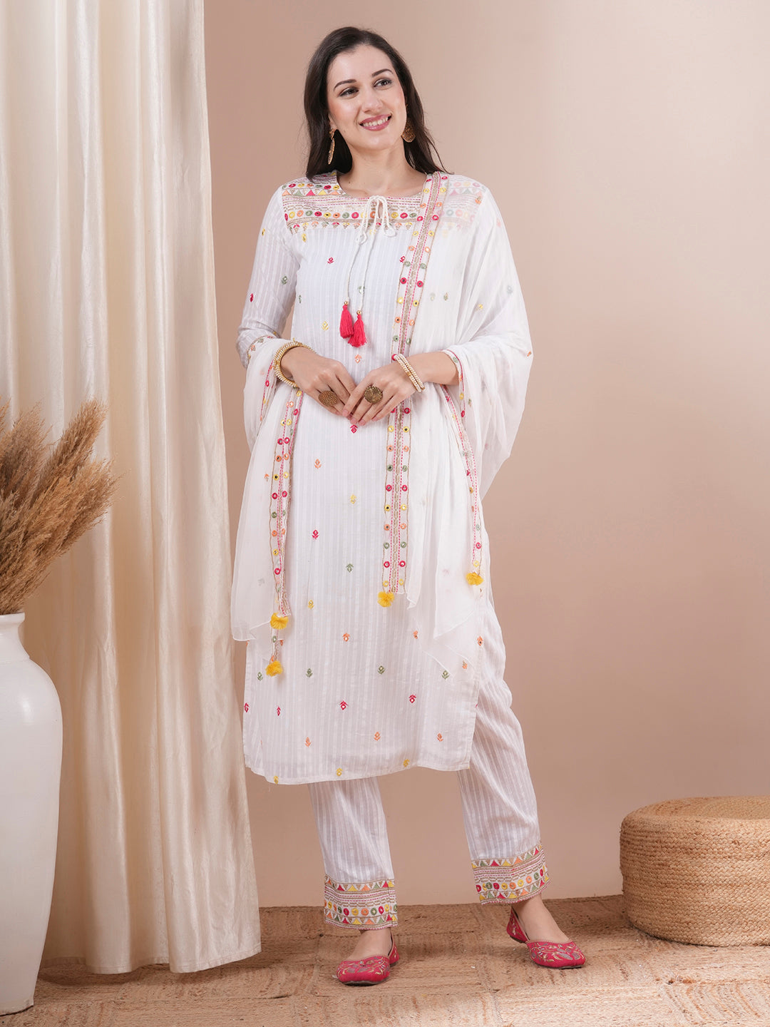 Solid Ethnic Embroidered Straight Fit Kurta with Pant and Dupatta - White