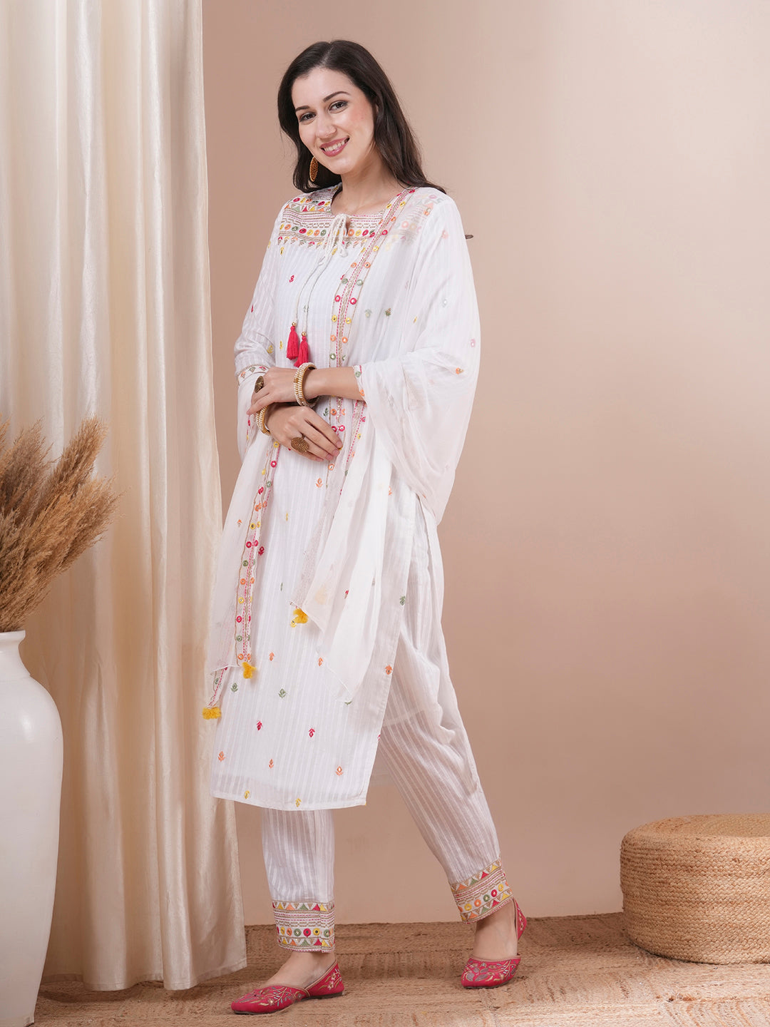 Solid Ethnic Embroidered Straight Fit Kurta with Pant and Dupatta - White