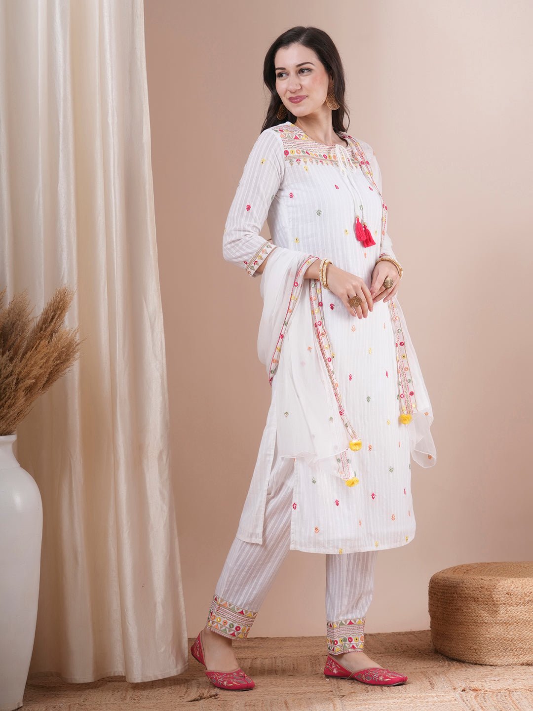 Solid Ethnic Embroidered Straight Fit Kurta with Pant and Dupatta - White