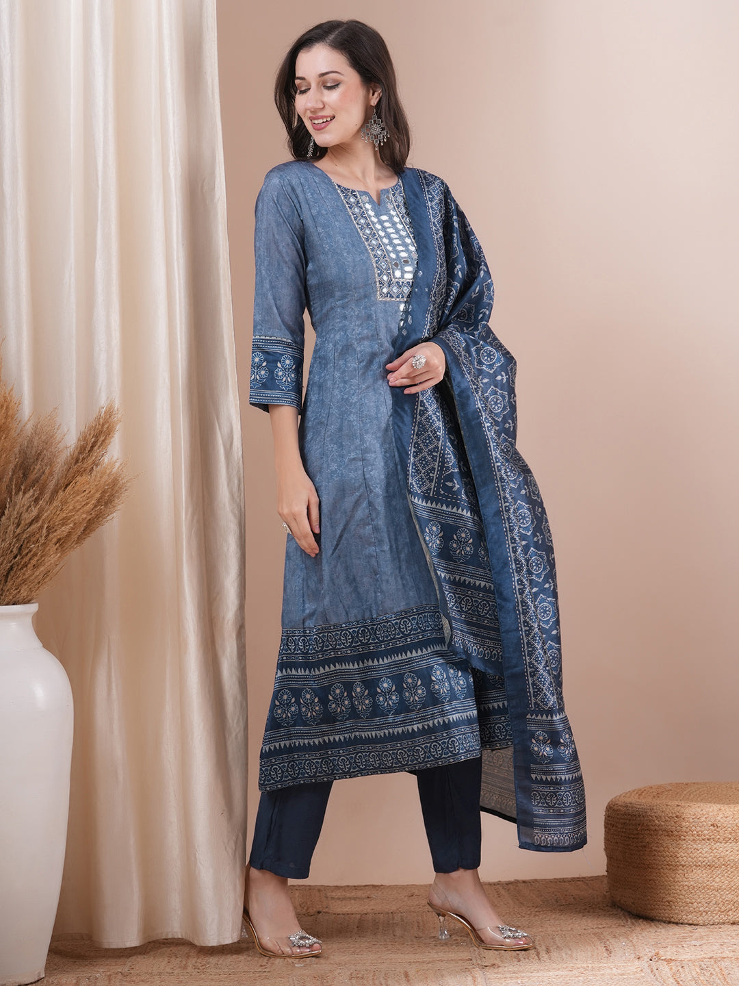 Ethnic Printed & Mirror Embroidered Straight Fit Kurta with Pant and Dupatta - Blue