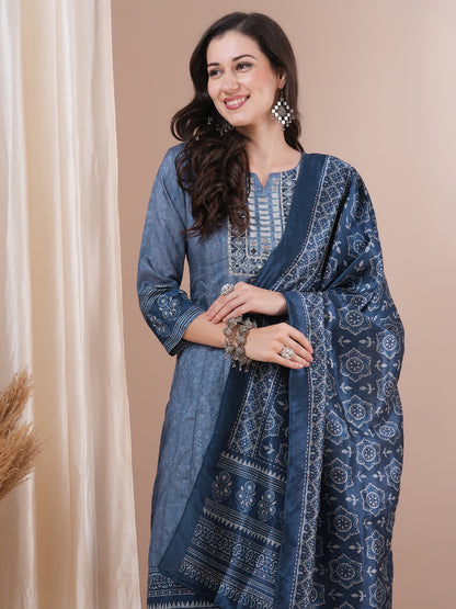 Ethnic Printed & Mirror Embroidered Straight Fit Kurta with Pant and Dupatta - Blue