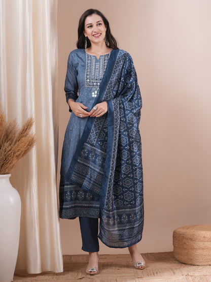 Ethnic Printed & Mirror Embroidered Straight Fit Kurta with Pant and Dupatta - Blue