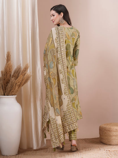 Floral Printed Straight Fit Kurta with Pant & Dupatta - Green