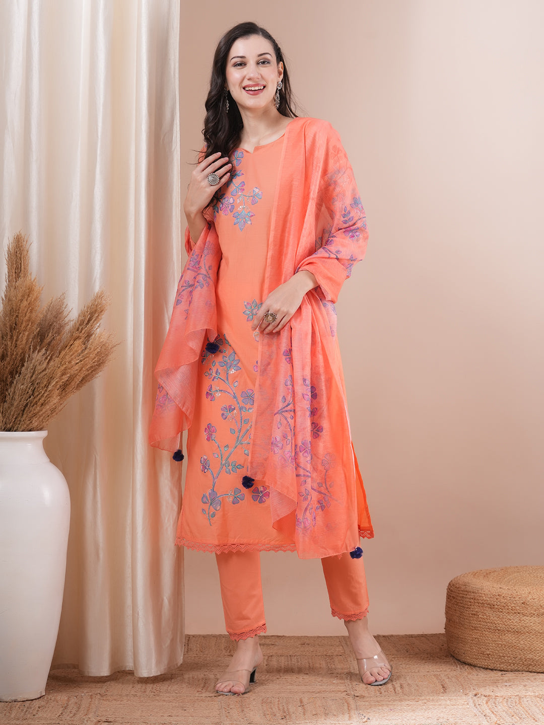 Floral Patchwork Embroidered Straight Fit Kurta with Pant and Printed Dupatta - Peach