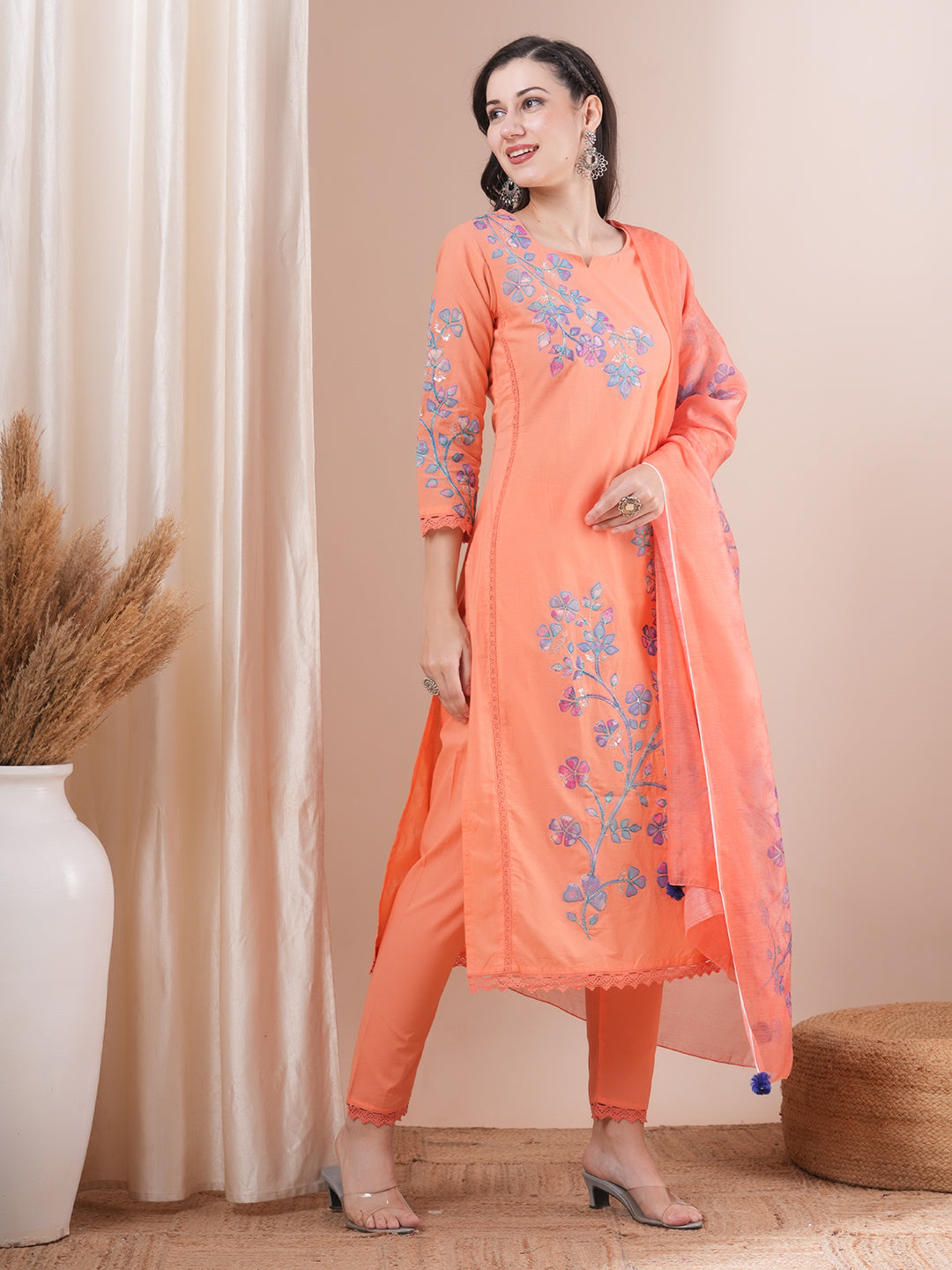 Floral Patchwork Embroidered Straight Fit Kurta with Pant and Printed Dupatta - Peach