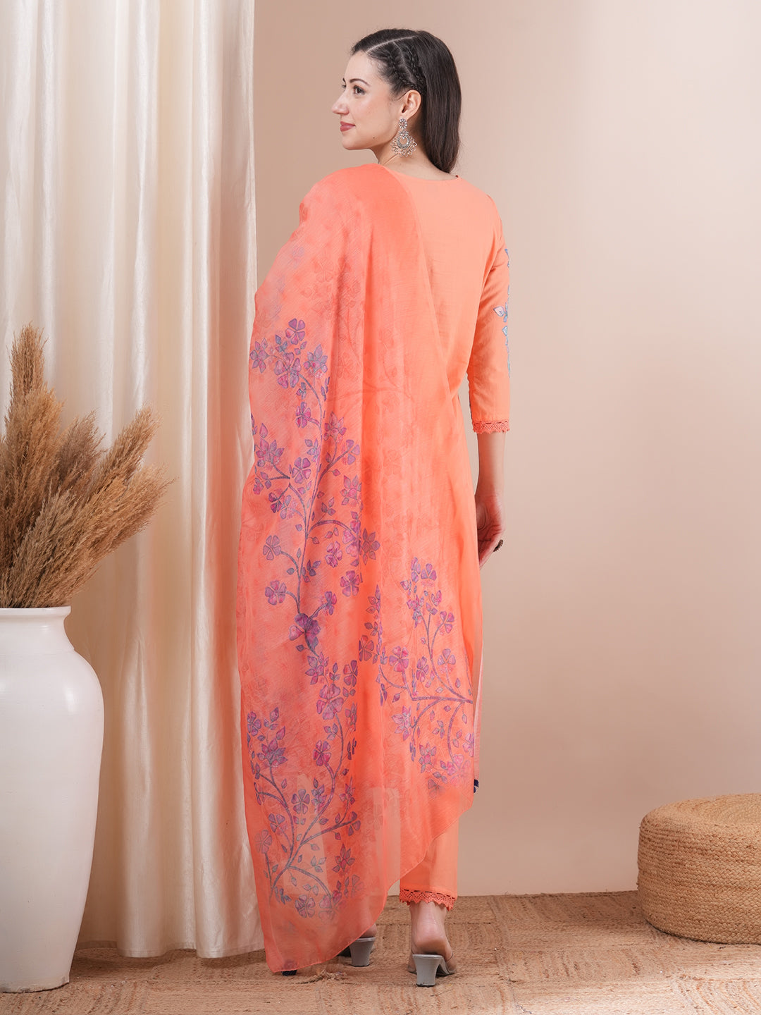 Floral Patchwork Embroidered Straight Fit Kurta with Pant and Printed Dupatta - Peach