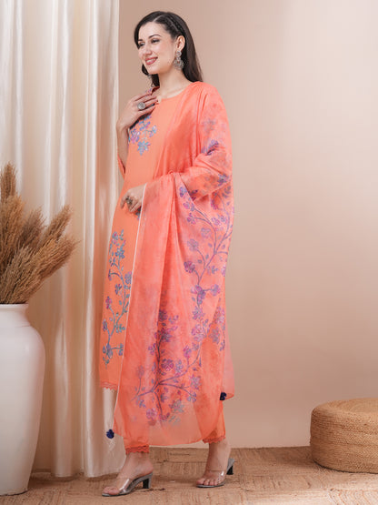 Floral Patchwork Embroidered Straight Fit Kurta with Pant and Printed Dupatta - Peach