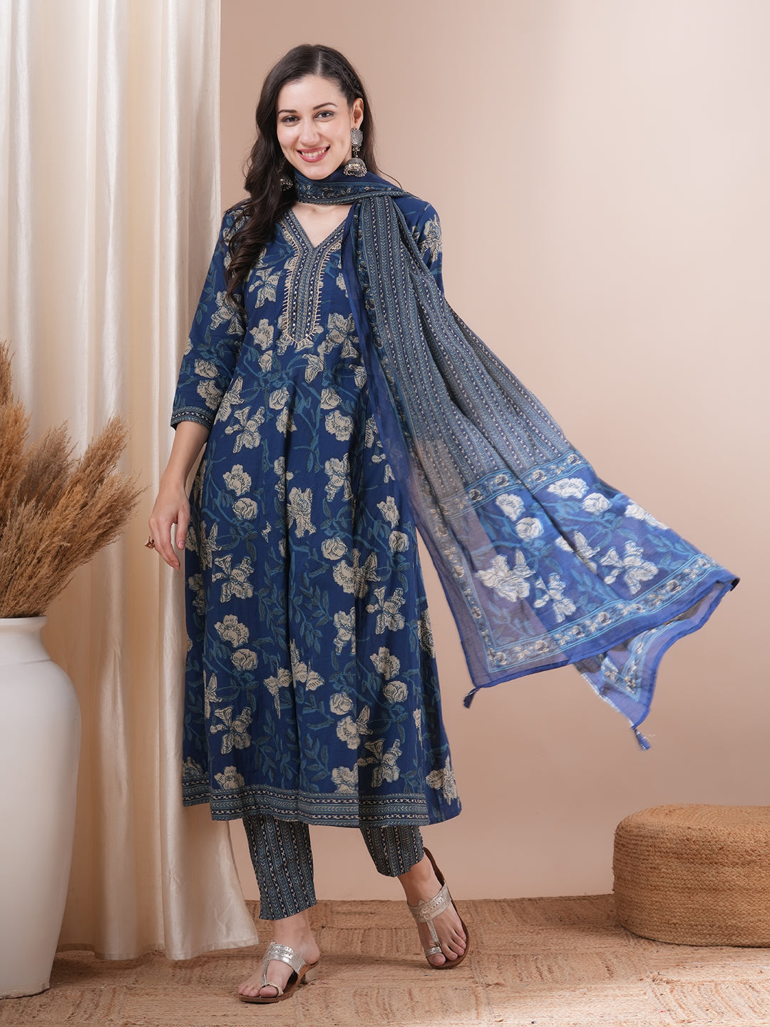 Floral Printed & Embroidered Anarkali Kurta with Pant & Pure Cotton Dupatta - Blue