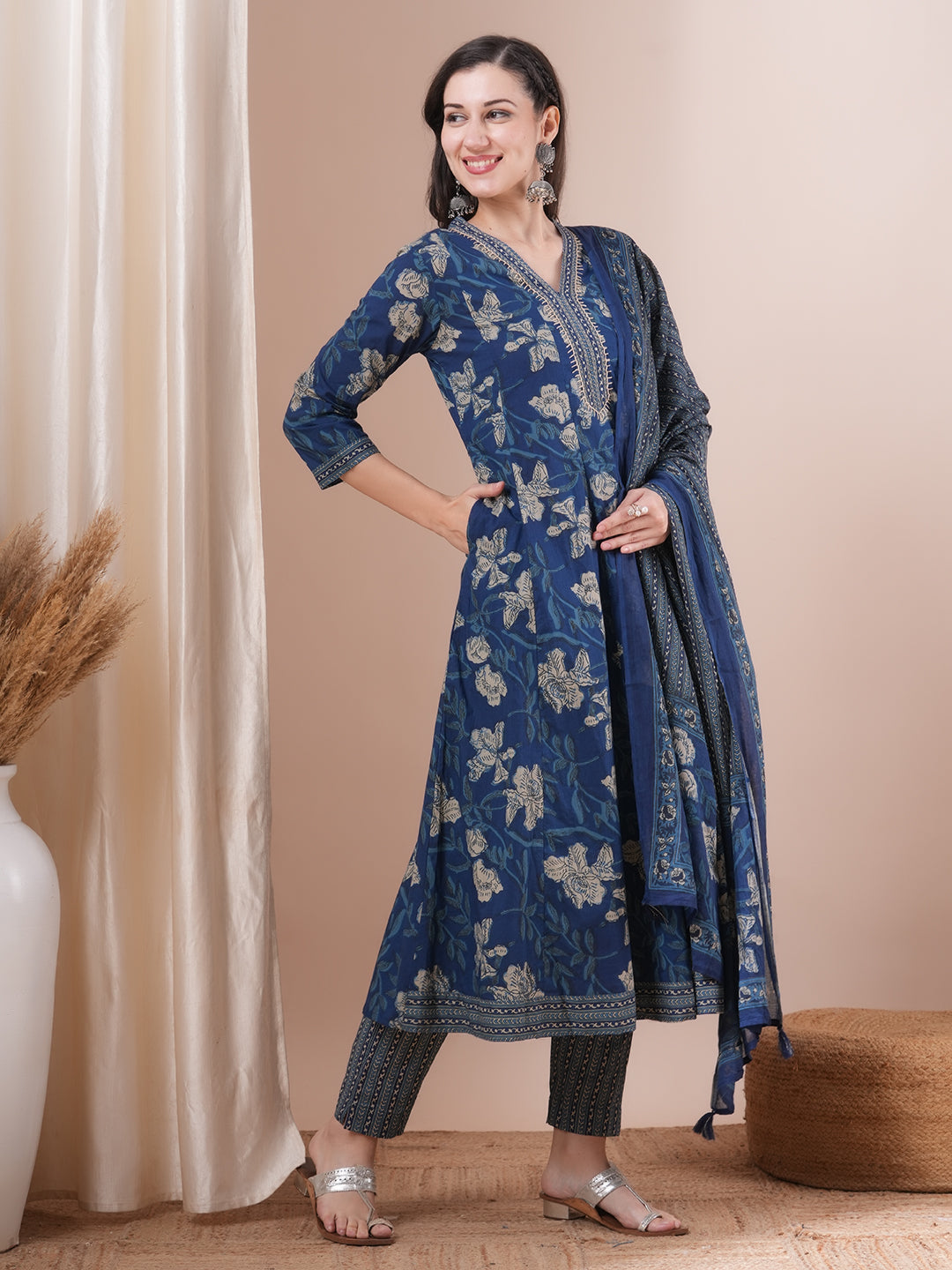 Floral Printed & Embroidered Anarkali Kurta with Pant & Pure Cotton Dupatta - Blue