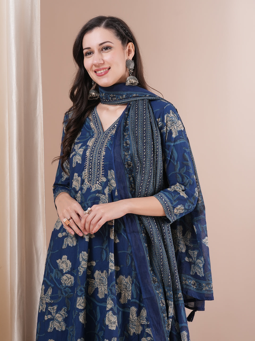 Floral Printed & Embroidered Anarkali Kurta with Pant & Pure Cotton Dupatta - Blue