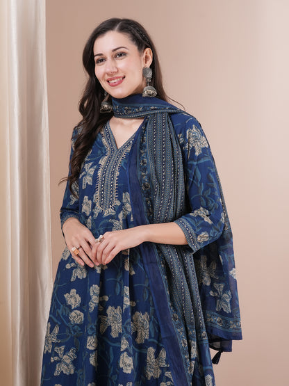 Floral Printed & Embroidered Anarkali Kurta with Pant & Pure Cotton Dupatta - Blue