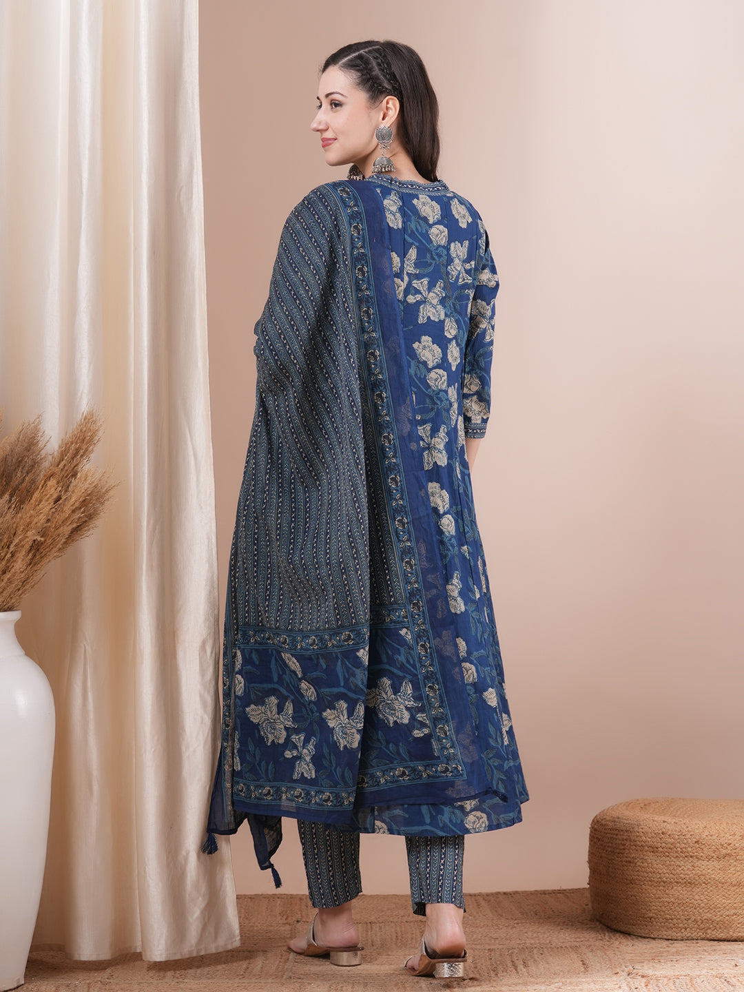 Floral Printed & Embroidered Anarkali Kurta with Pant & Pure Cotton Dupatta - Blue