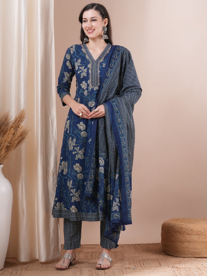 Floral Printed & Embroidered Anarkali Kurta with Pant & Pure Cotton Dupatta - Blue