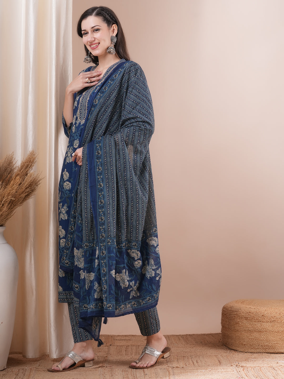 Floral Printed & Embroidered Anarkali Kurta with Pant & Pure Cotton Dupatta - Blue