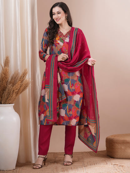 Floral Printed & Hand Embroidered Straight Kurta with Pant and Dupatta - Magenta