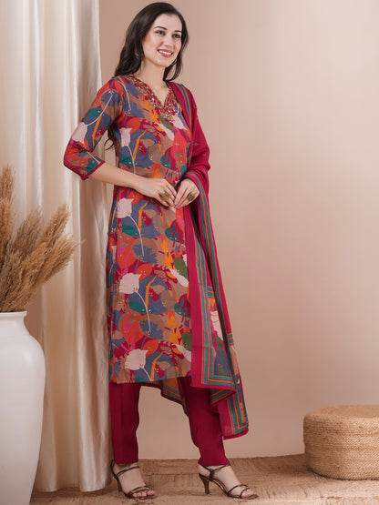 Floral Printed & Hand Embroidered Straight Kurta with Pant and Dupatta - Magenta