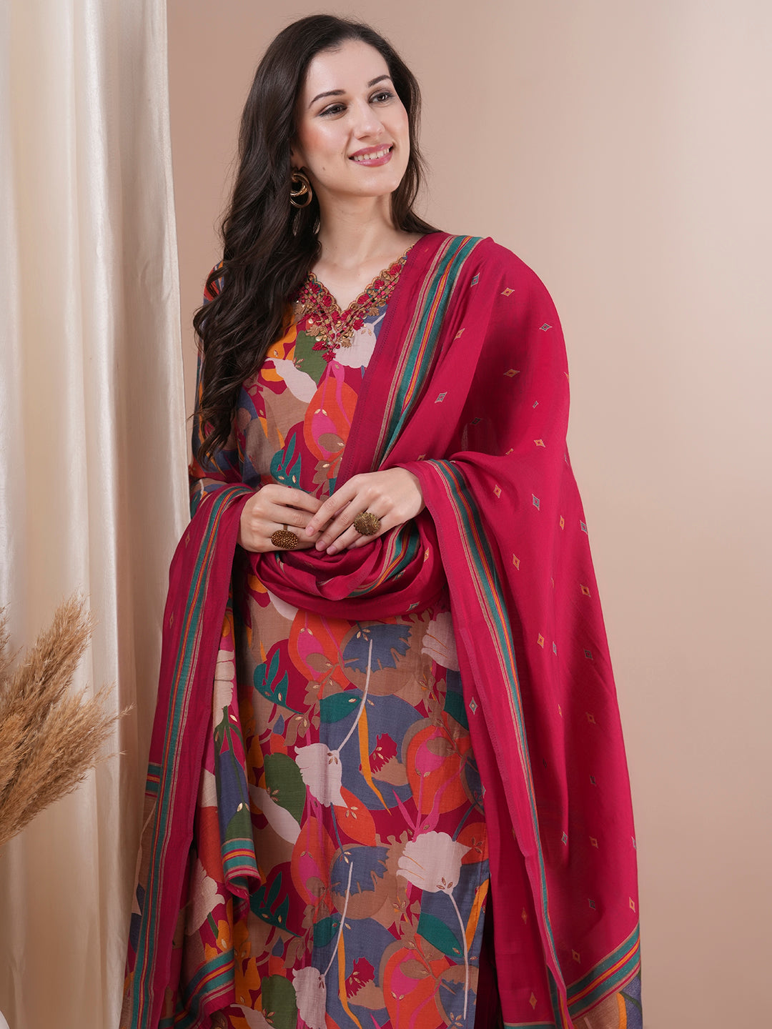 Floral Printed & Hand Embroidered Straight Kurta with Pant and Dupatta - Magenta