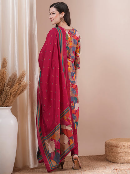 Floral Printed & Hand Embroidered Straight Kurta with Pant and Dupatta - Magenta