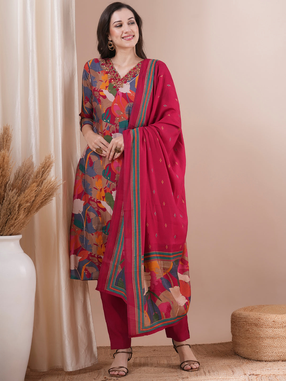 Floral Printed & Hand Embroidered Straight Kurta with Pant and Dupatta - Magenta