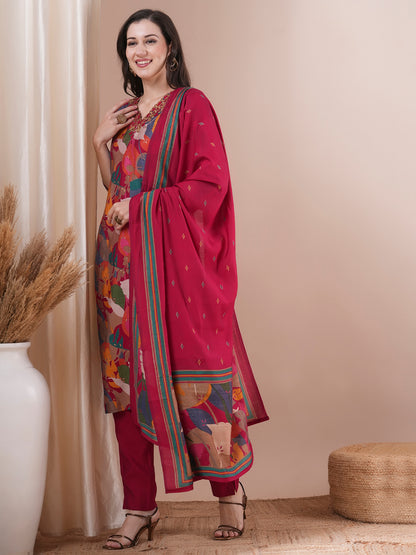 Floral Printed & Hand Embroidered Straight Kurta with Pant and Dupatta - Magenta