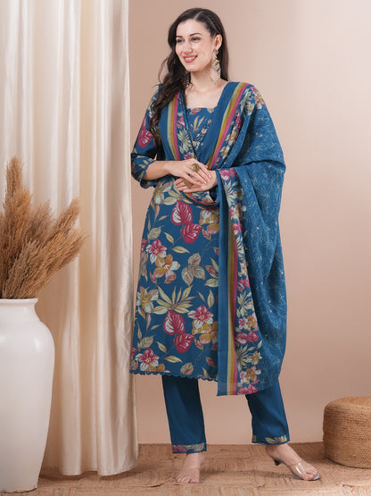 Floral Printed & Hand Embroidered Straight Kurta with Pant and Dupatta - Sea Green