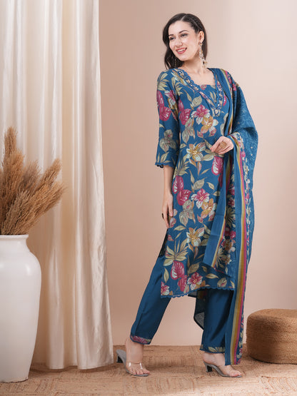 Floral Printed & Hand Embroidered Straight Kurta with Pant and Dupatta - Sea Green