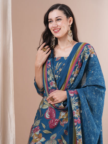 Floral Printed & Hand Embroidered Straight Kurta with Pant and Dupatta - Sea Green