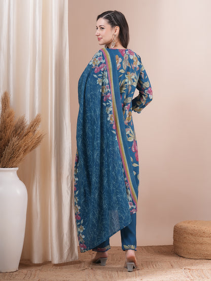 Floral Printed & Hand Embroidered Straight Kurta with Pant and Dupatta - Sea Green