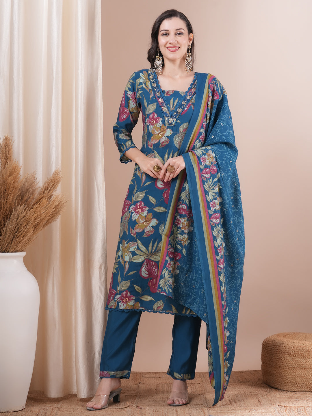 Floral Printed & Hand Embroidered Straight Kurta with Pant and Dupatta - Sea Green