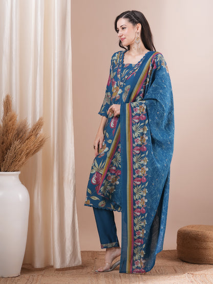 Floral Printed & Hand Embroidered Straight Kurta with Pant and Dupatta - Sea Green