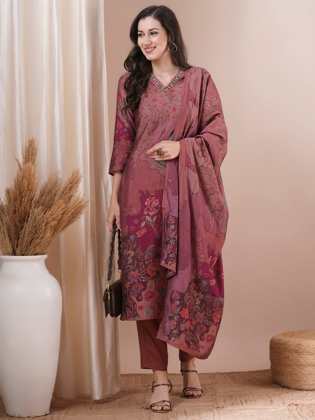 Ethnic Printed & Embroidered Straight Fit Kurta with Pant & Dupatta - Rose Gold