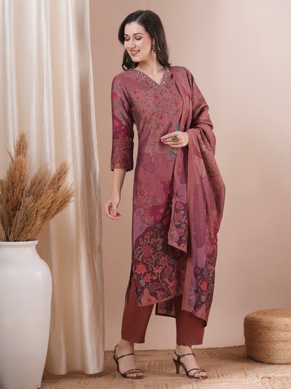 Ethnic Printed & Embroidered Straight Fit Kurta with Pant & Dupatta - Rose Gold