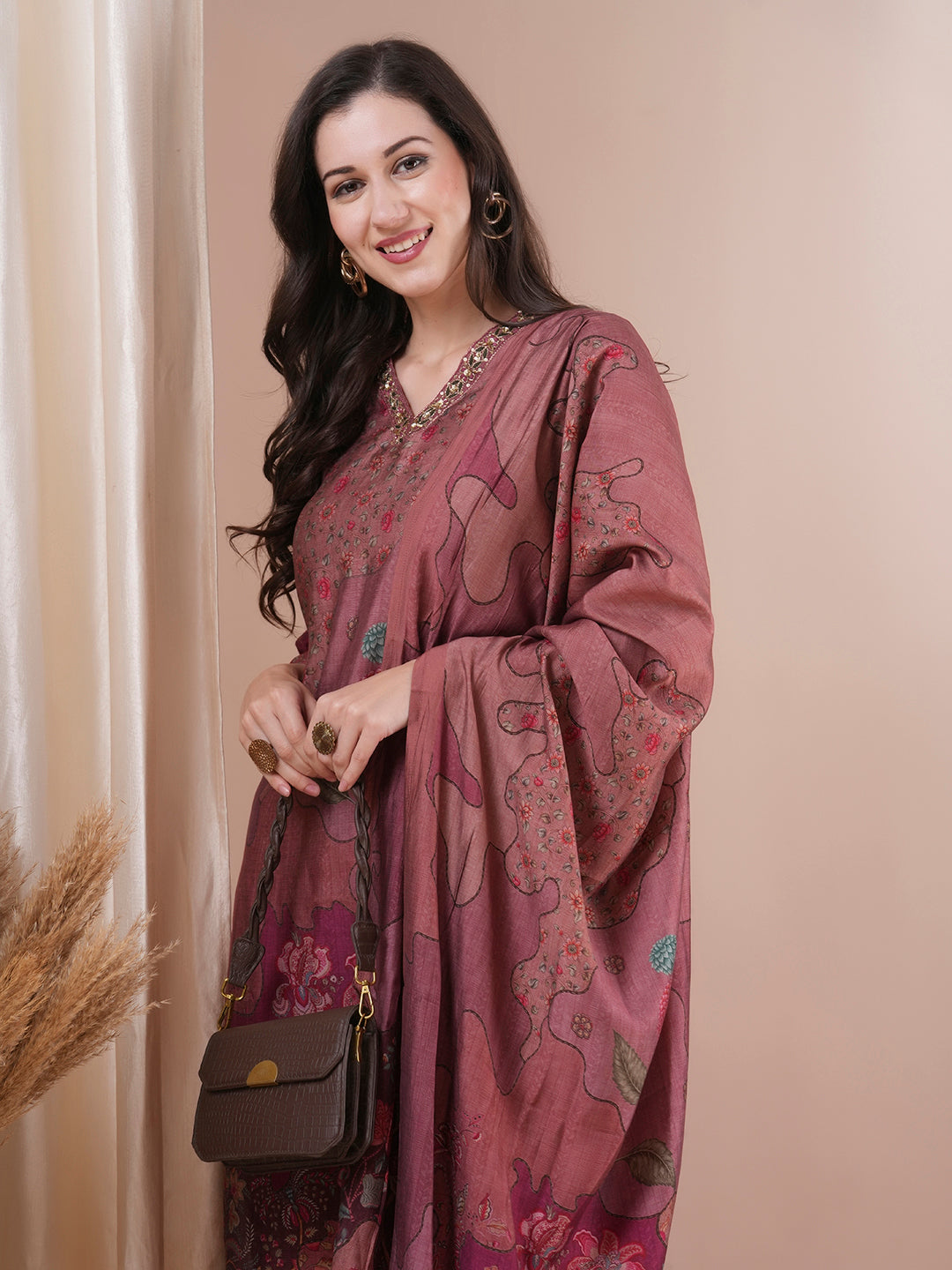 Ethnic Printed & Embroidered Straight Fit Kurta with Pant & Dupatta - Rose Gold