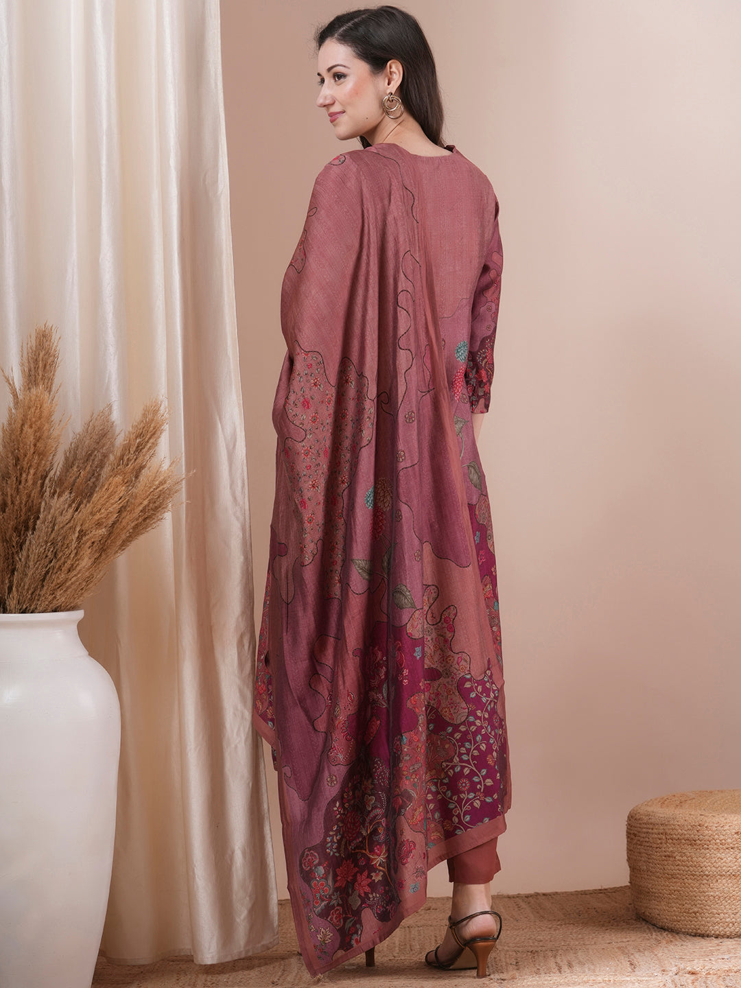 Ethnic Printed & Embroidered Straight Fit Kurta with Pant & Dupatta - Rose Gold