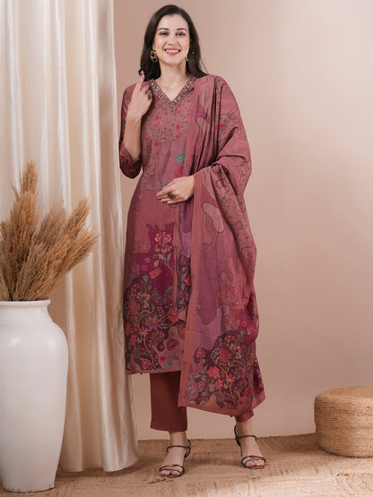 Ethnic Printed & Embroidered Straight Fit Kurta with Pant & Dupatta - Rose Gold