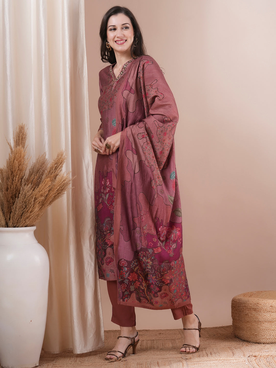 Ethnic Printed & Embroidered Straight Fit Kurta with Pant & Dupatta - Rose Gold