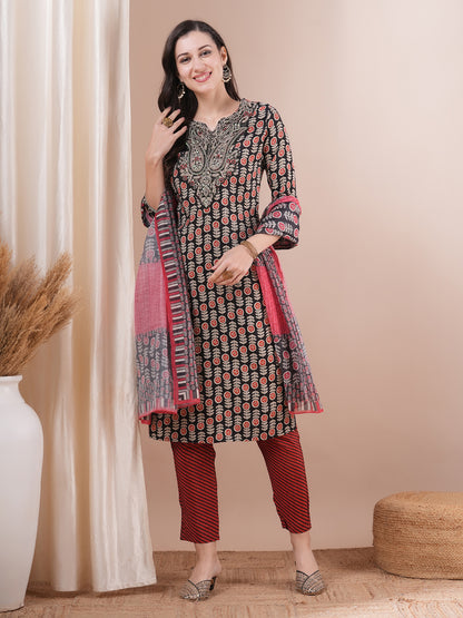 Ethnic Printed & Embroidered Straight Fit Kurta with Pant and Dupatta - Black