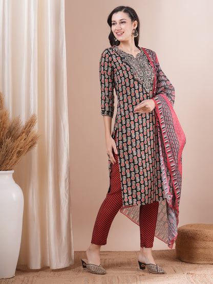 Ethnic Printed & Embroidered Straight Fit Kurta with Pant and Dupatta - Black