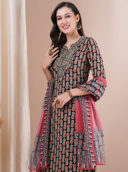 Ethnic Printed & Embroidered Straight Fit Kurta with Pant and Dupatta - Black