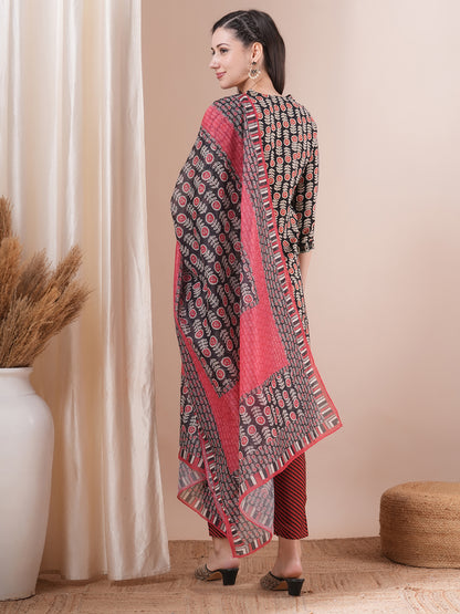 Ethnic Printed & Embroidered Straight Fit Kurta with Pant and Dupatta - Black