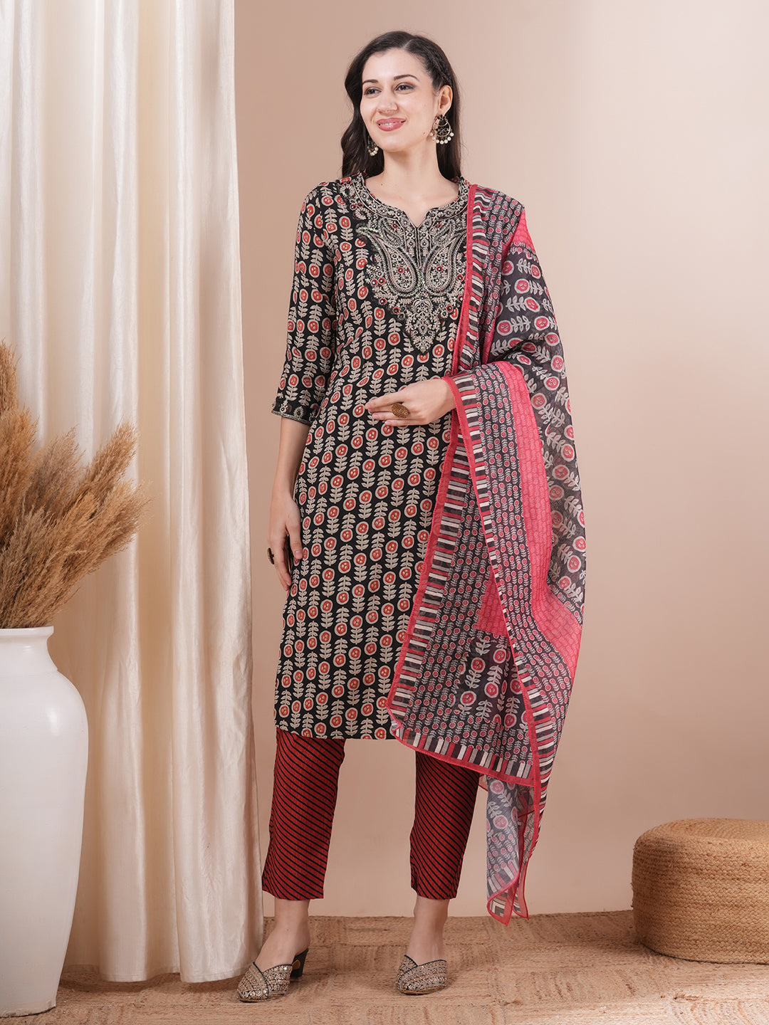 Ethnic Printed & Embroidered Straight Fit Kurta with Pant and Dupatta - Black