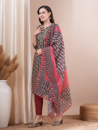 Ethnic Printed & Embroidered Straight Fit Kurta with Pant and Dupatta - Black