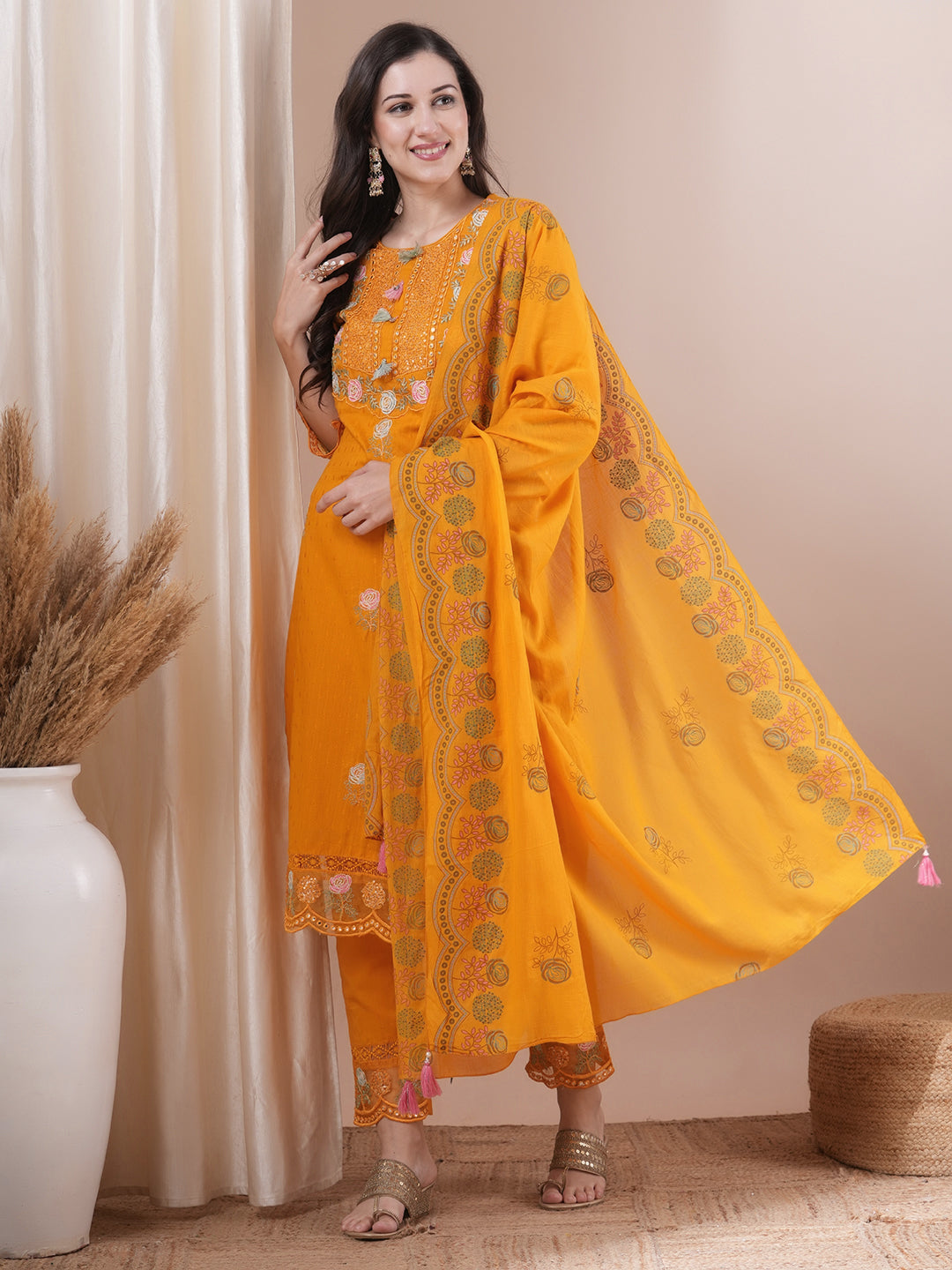 Solid Floral Embroidered Straight Fit Kurta with Pant & Dupatta - Yellow