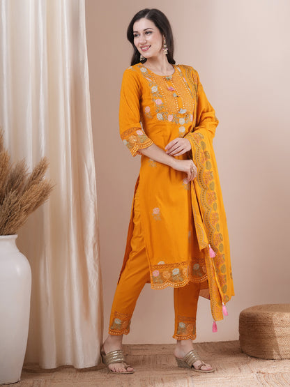 Solid Floral Embroidered Straight Fit Kurta with Pant & Dupatta - Yellow