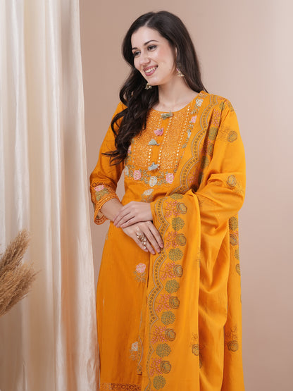 Solid Floral Embroidered Straight Fit Kurta with Pant & Dupatta - Yellow