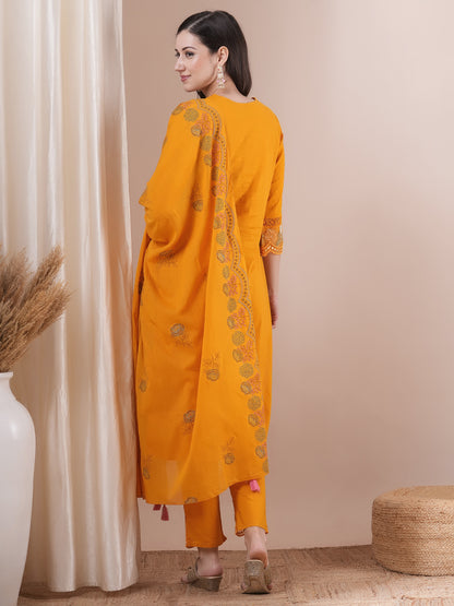 Solid Floral Embroidered Straight Fit Kurta with Pant & Dupatta - Yellow