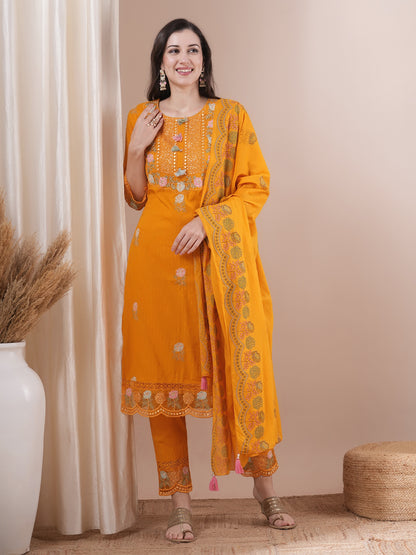 Solid Floral Embroidered Straight Fit Kurta with Pant & Dupatta - Yellow