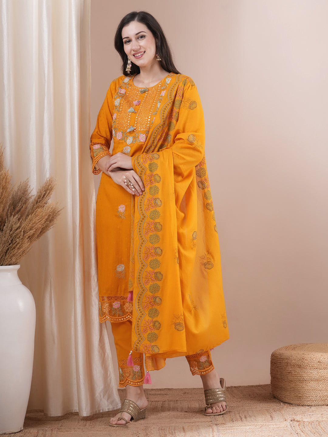 Solid Floral Embroidered Straight Fit Kurta with Pant & Dupatta - Yellow